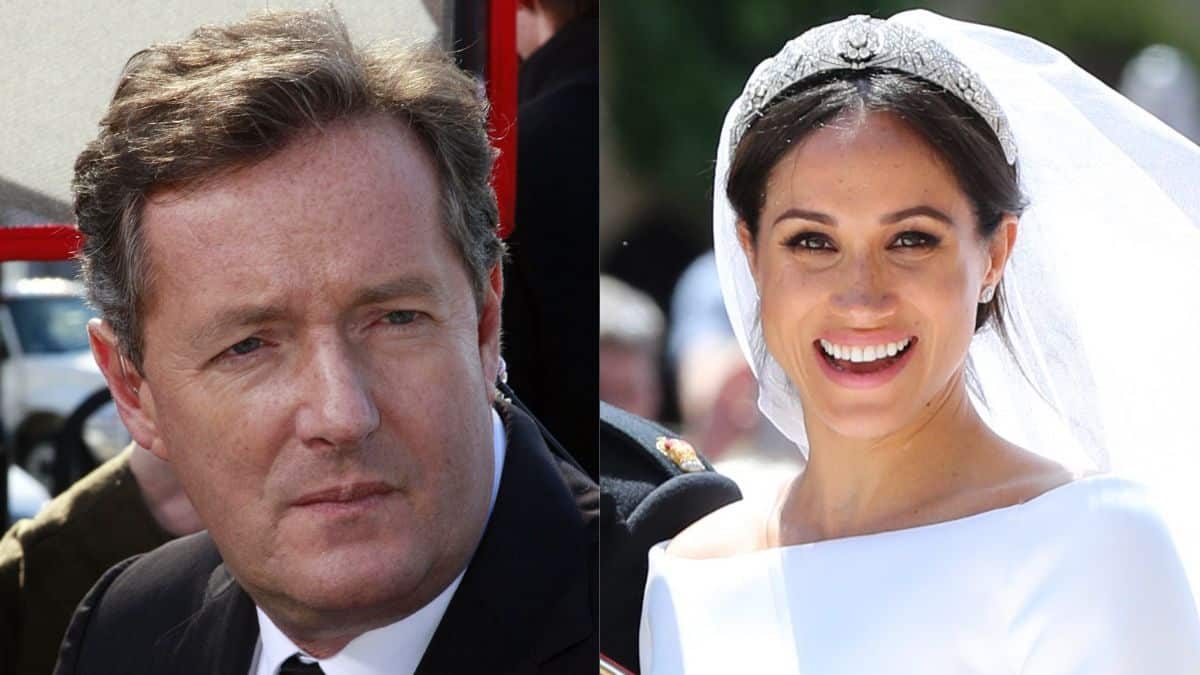 Piers Morgan looking Angry and Meghan Markle smiling and waving during her wedding to Prince Harry