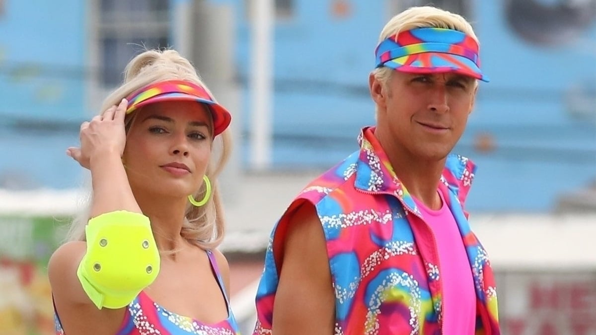 Margot Robbie and Ryan Gosling in neon outfits as Barbie and Ken