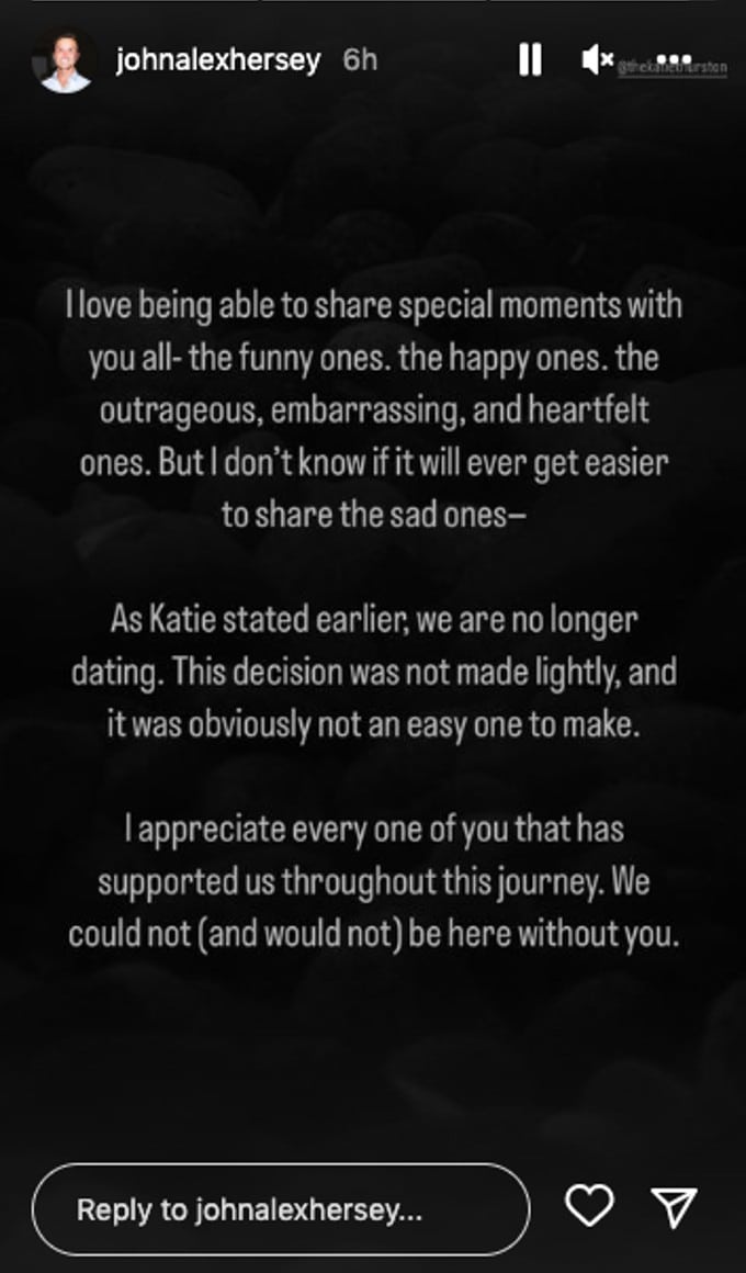 John Hersey releases a statement about his break-up with Katie Thurston.