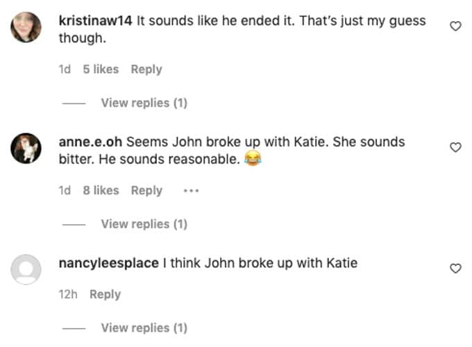 Bachelor fans debate on whether John or Katie broke it off.