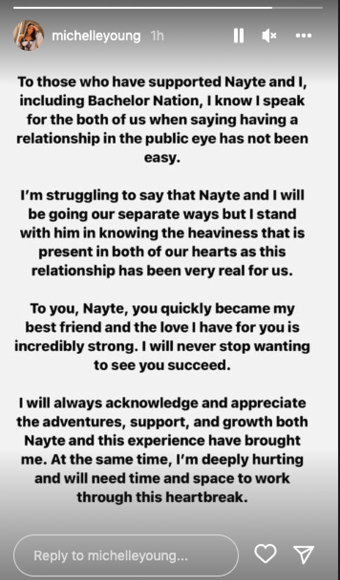 Michelle Young writes about her and Nayte's break-up.