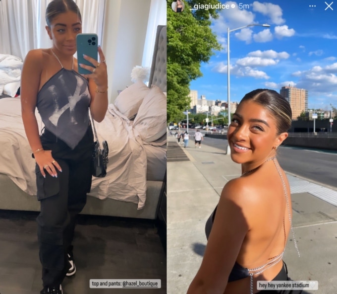 RHONJ star Gia Giudice wears a backless halter top for day out at Yankees stadium.
