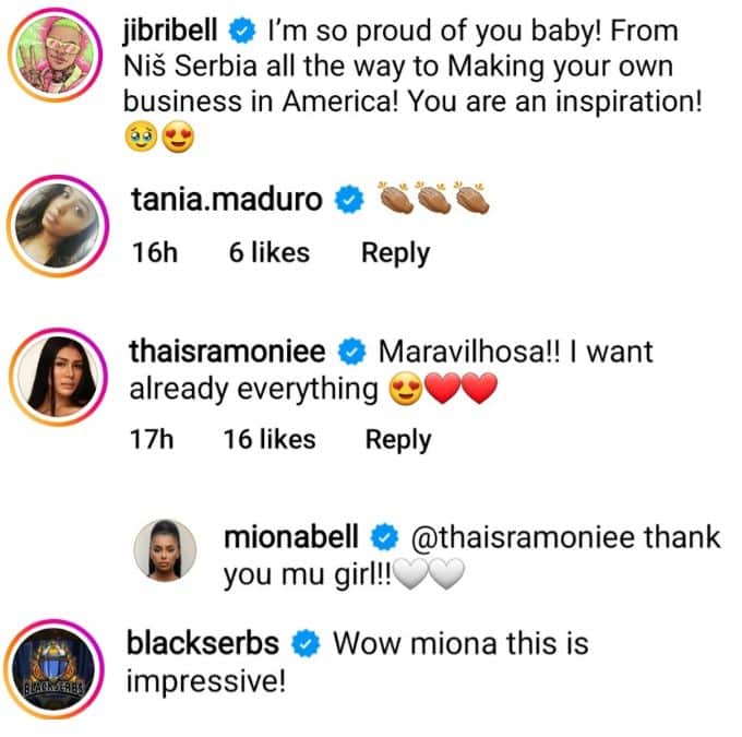 miona bell's friends and castmates comment on IG following the launch of her new beauty line
