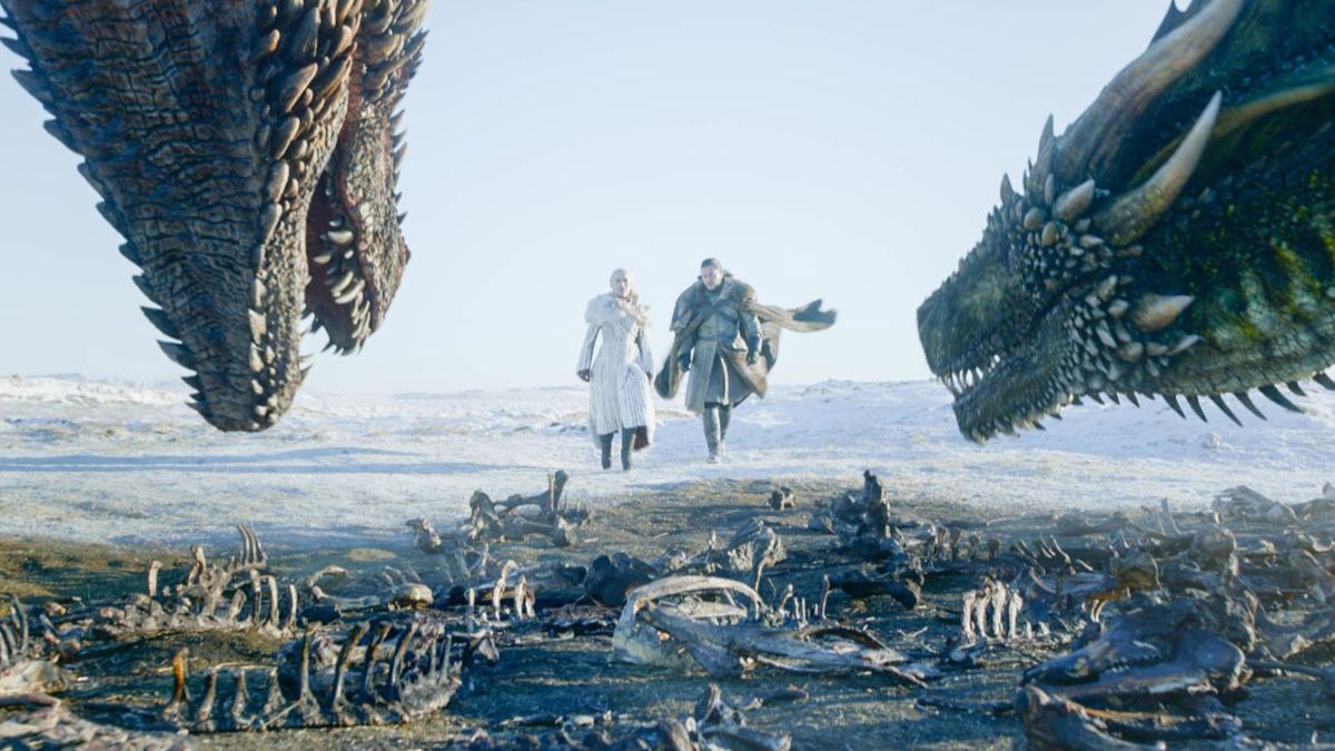 Emilia Clarke as Daenerys Targaryen and Kit Harington as Jon Snow, as seen in Episode 1 of HBO's Game of Thrones Season 8