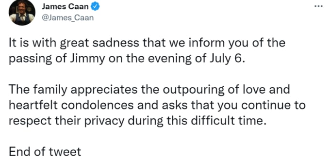 James Caan's twitter official statement