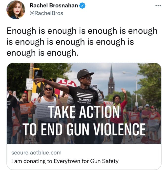Rachel Brosnahan's Tweet saying 'enough is enough'