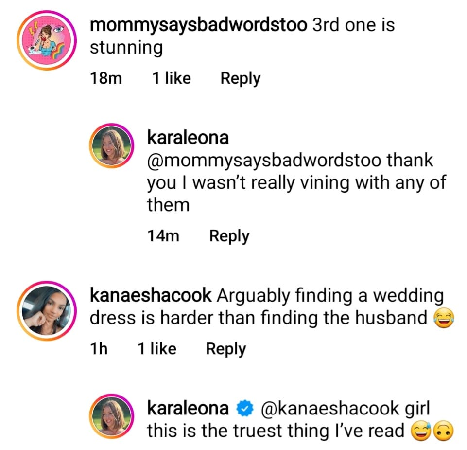kara bass replied to some of her fans on her IG post sharing wedding dress options