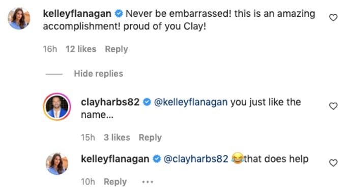 Kelley Flanagan jokes around with Clay Harbor.