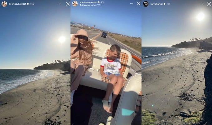 Kourtney Kardashian's Instagram Story of the beach, then of her kids Penelope and Reign, and Travis's Instagram story of the beach