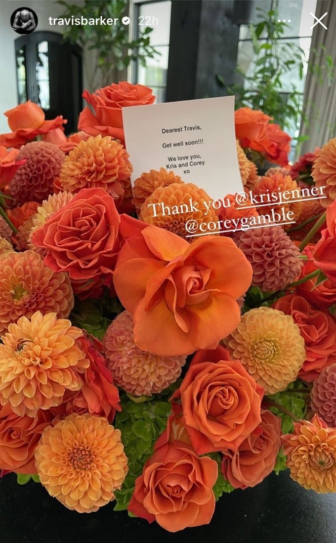Travis Barker's Instagram story thanking Kris and Corey for his bouquet of flowers