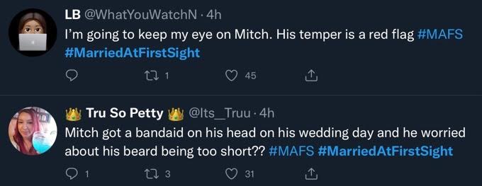 Tweet about Mitchell from Married at First Sight
