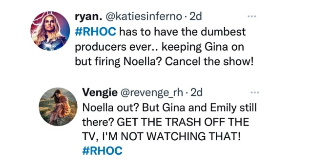 Twitter users slam Bravo for not firing Emily Simpson and Gina Kirschenheiter.