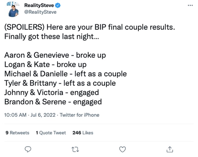 Reality Steve reveals the final results from the couples on BIP.