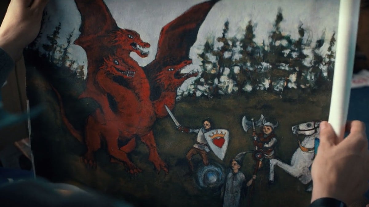 A picture of Will's painting showing four knights (a swordsman, an axeman, a paladin, and a mage) fighting a red three-headed dragon. 