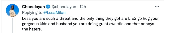 RHODubai Chanel Ayan tweet in support of Lesa Milan.