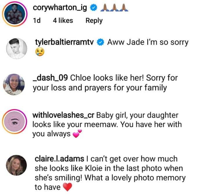 jade cline's IG followers and some teen mom castmates comment on her losing her grandmother