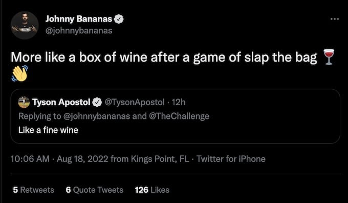 johnny bananas responds to tyson apostol tweet about wine