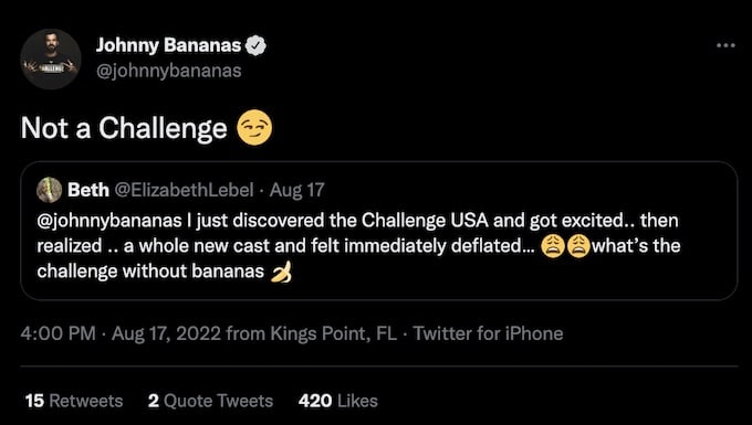 johnny bananas replies to fan about the challenge usa