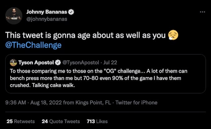 johnny bananas retweet tyson apostol comments the challenge