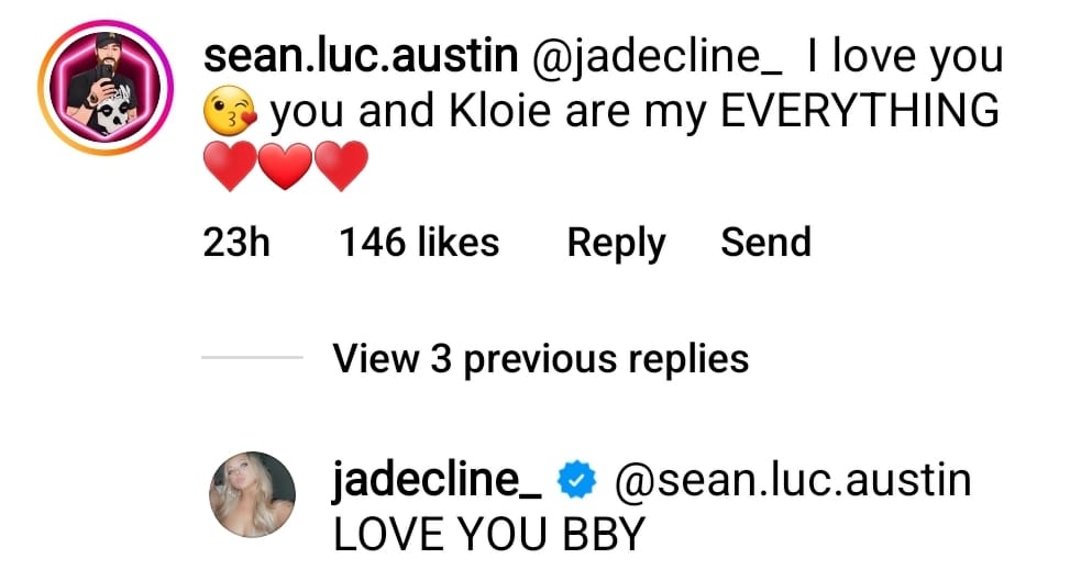 jade cline's fiance sean austin commented on her IG post