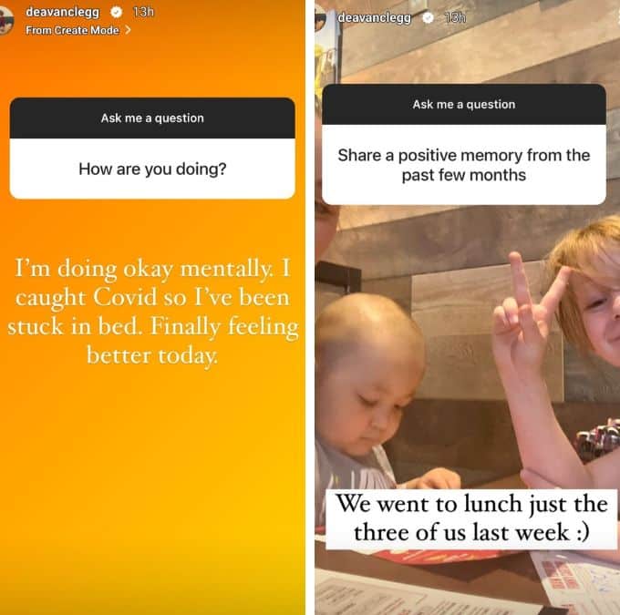 deavan clegg's IG Story slides revealing she had covid and taking her kids to lunch last week