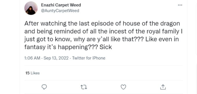 Tweet regarding incest on House of the Dragon