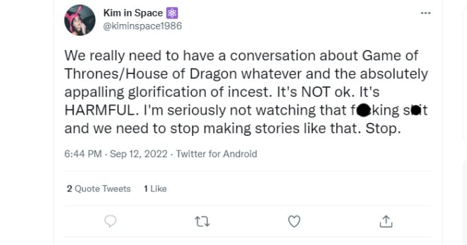 Tweet about incest on House of the Dragon