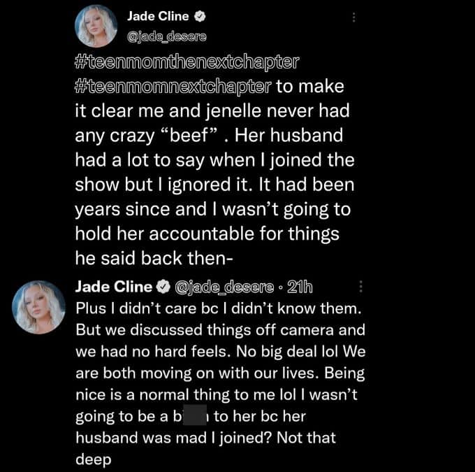 jade cline tweets about the non-existent beef with jenelle evans and critics slammed her for being cordial to her