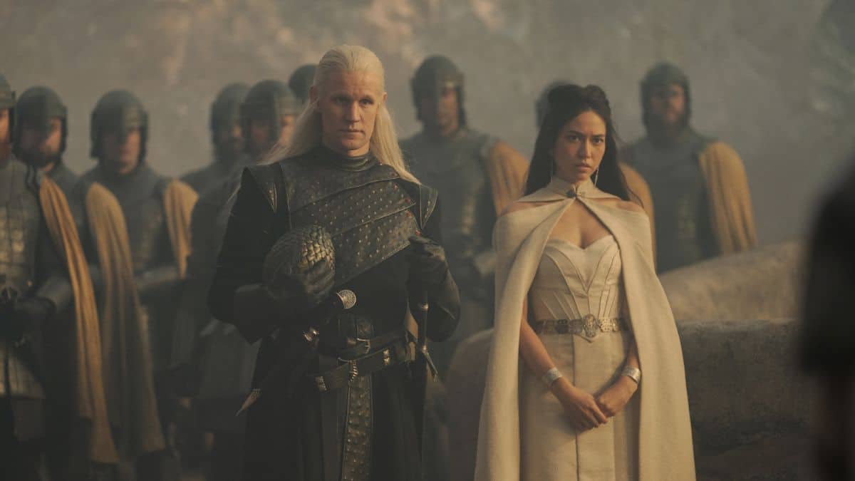 Matt Smith as Daemon Targaryen and Sonoya Mizuno as Mysaria, as seen in Episode 2 of HBO's House of the Dragon Season 1