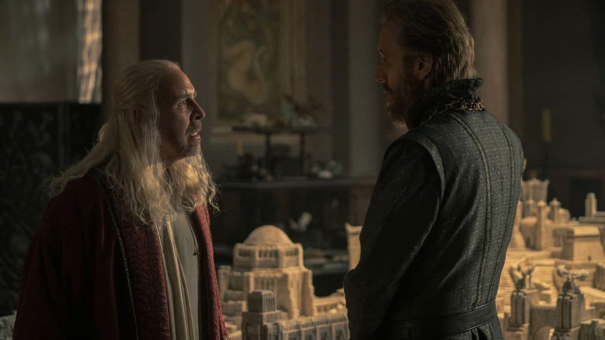 Paddy Considine as King Viserys and Rhys Ifans as Otto Hightower, as seen in Episode 4 of HBO's House of the Dragon Season 1