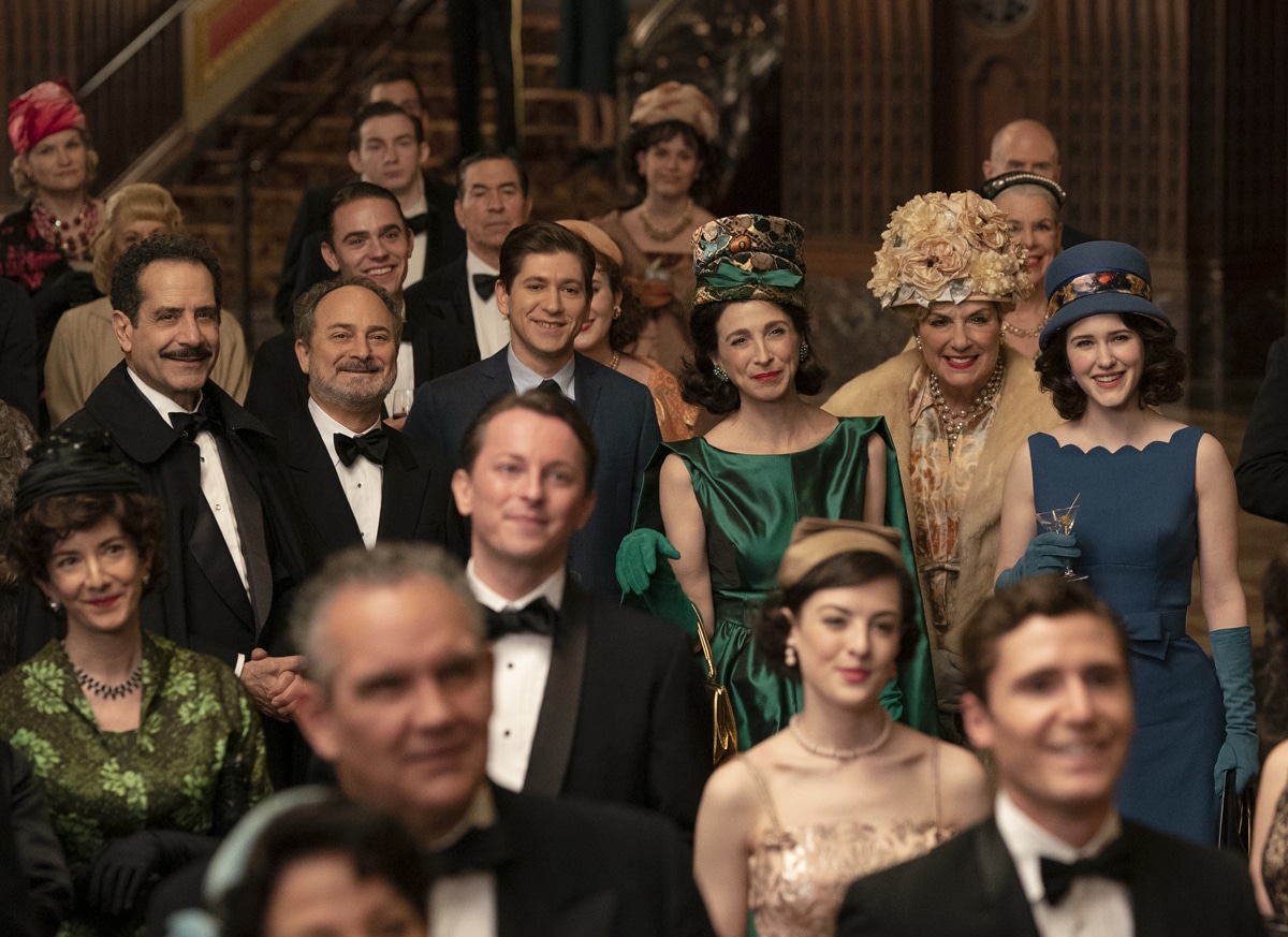 The cast of The Marvelous Mrs. Maisel. From left to right, Tony Shalhoub, Kevin Pollak, Michael Zegan, Marin Hinkle, Caroline Aaron and Rachel Brosnahan