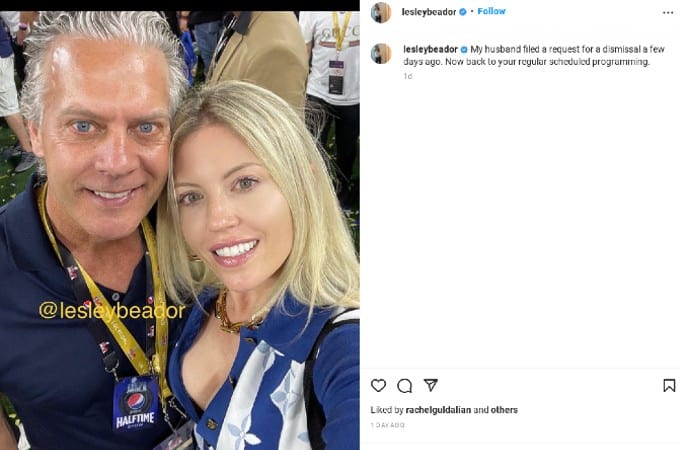 Lesley's Instagram post advising David filed for dismissal