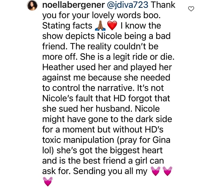 RHOC star Noella Bergener defends friend, Nicole James.