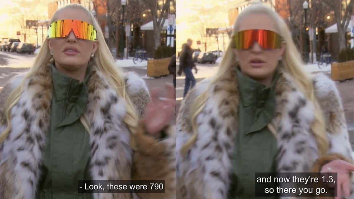 Erika bragging about the increase in value of her diamond earrings while wearing a mink coat 