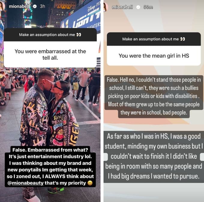miona bell's IG story slides about the tell all and being a mean girl