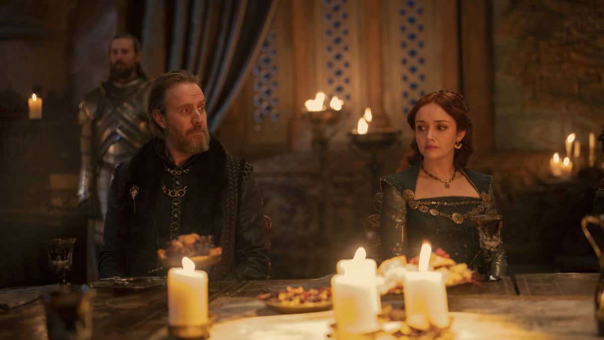 Rhys Ifans as Otto Hightower and Olivia Cooke as his daughter, Alicent, as seen in Episode 8 of HBO's House of the Dragon Season 1
