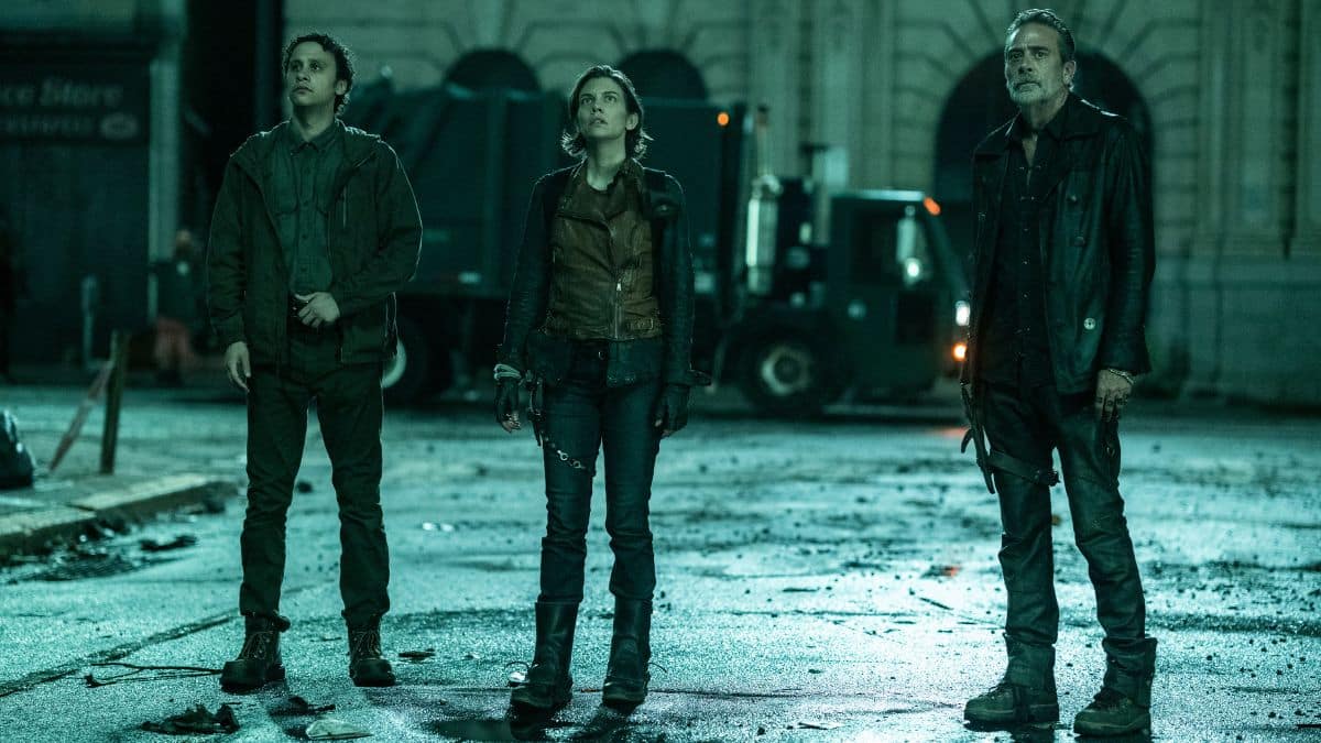 Trey Santiago-Hudson as Jano, Lauren Cohan as Maggie Rhee, and Jeffrey Dean Morgan as Negan, as seen in Season 1 of AMC's The Walking Dead: Dead City