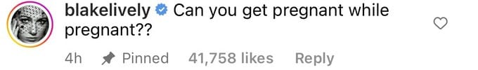 Blake Lively's comment on Ryan Reynolds' Instagram post