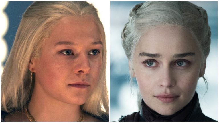 Emma D'Arcy as Rhaenyra Targaryen from HBO's House of the Dragon and Emilia Clarke as Daenerys Targaryen from Game of Thrones