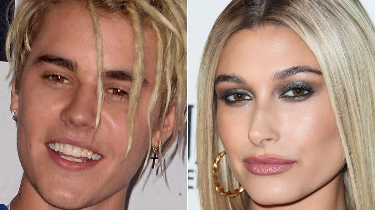 Justin Bieber attends the iHeartRadio Music Awards in 2016, and Hailey Bieber poses at the Daily Front Row's 2018 Fashion Media Awards