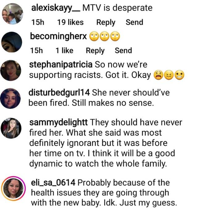 teen mom fans give opinions on IG about mtv rehiring taylor selfridge