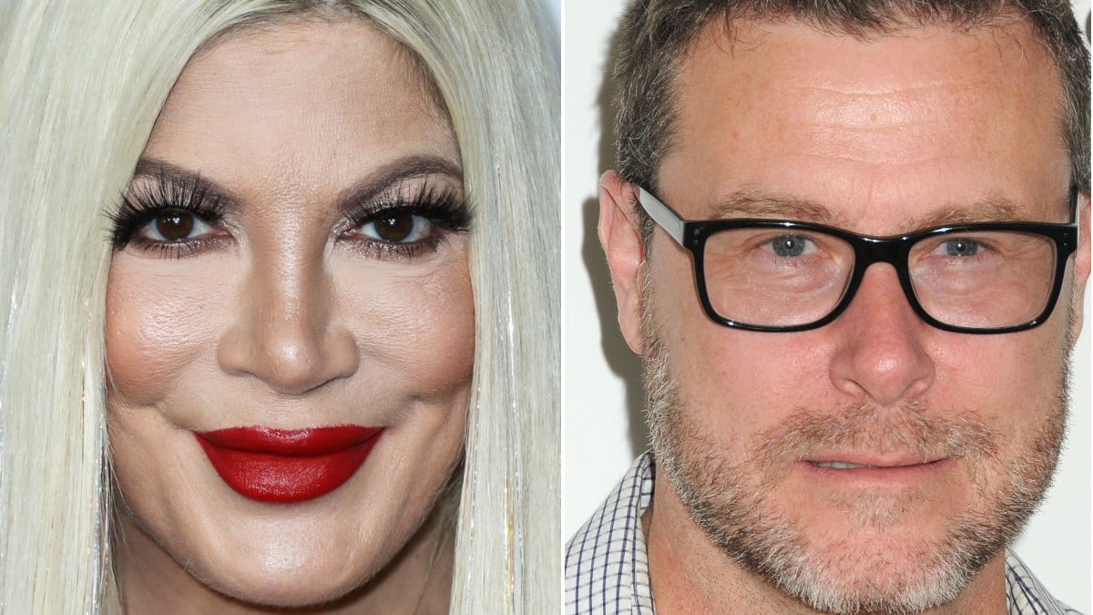 Tori Spelling attends the iHeartRadio Jingle Ball in 2021, and Dean McDermott attends the 2015 Elizabeth Glaser Pediatric Aids Foundation