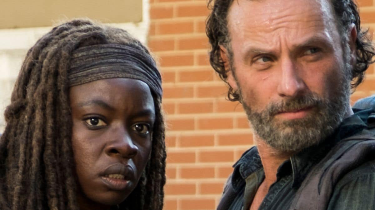 Danai Gurira as Michonne and Andrew Lincoln as Rick Grimes, as seen in Episode 12 of AMC's The Walking Dead Season 7