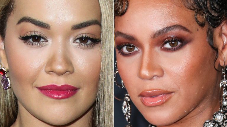 Rita Ora poses at the 26th Annual Los Angles Art Show in 2021, and Beyonce poses at the premiere of The Lion King in 2019