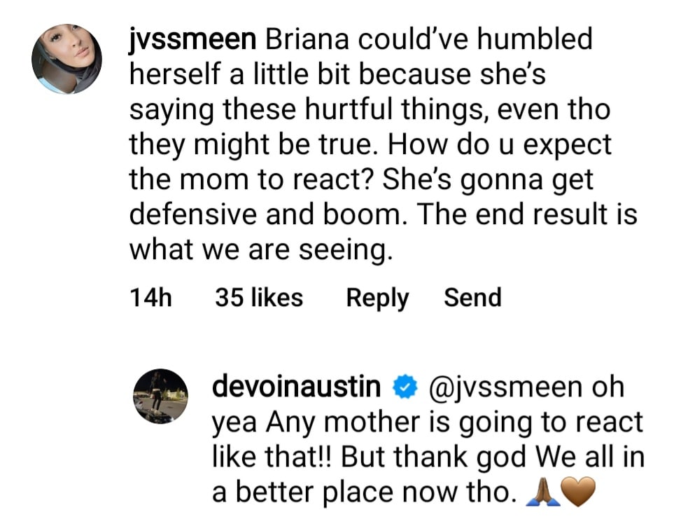 devoin austin responds to a teen mom fan on IG and says things are good between himself, his mom, and briana dejesus now