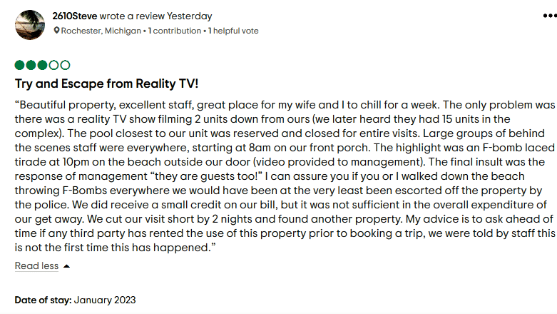 customer complaint on tripadvisor.com about reality tv stars filming at the isla bella beach resort