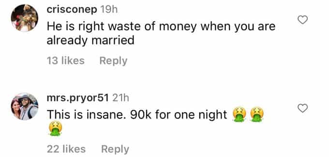 Instagram comments about Stacey Silva and Florian Sukaj's wedding