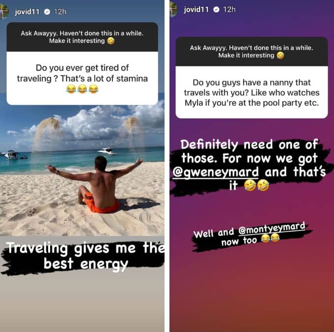 jovi dufren talks about traveling and having a nanny in his Instagram story