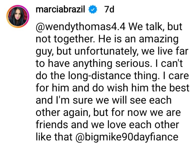 marcia alves explains why she and mike youngquist broke up in an Instagram comment