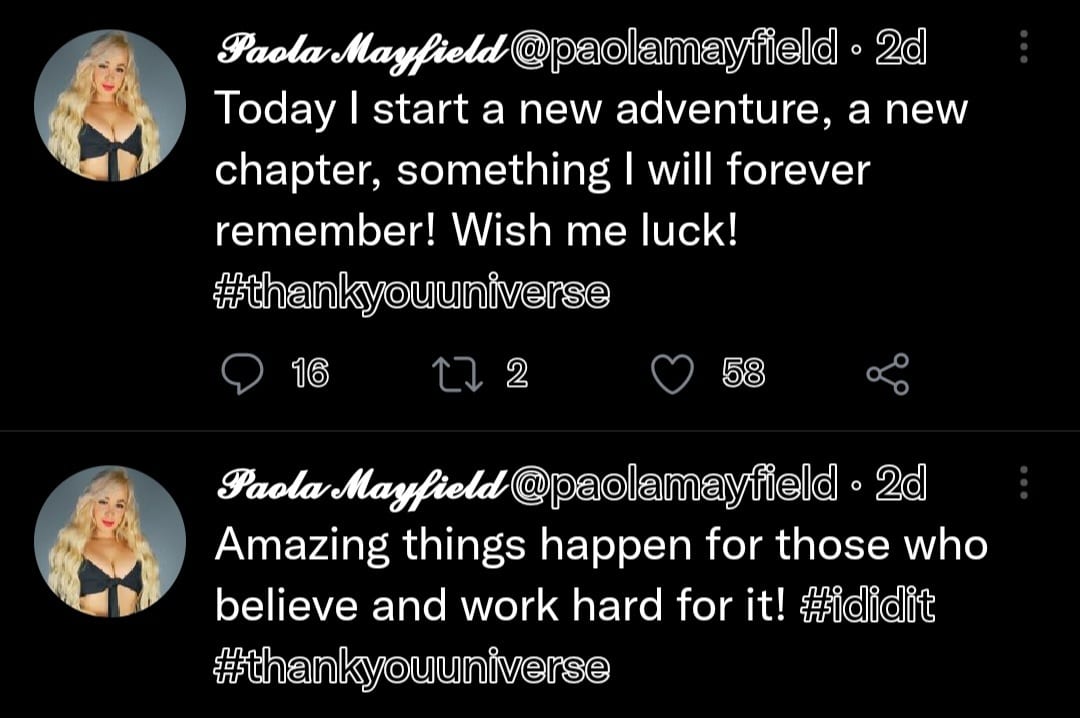 paola mayfield tweets about a new adventure on her horizon